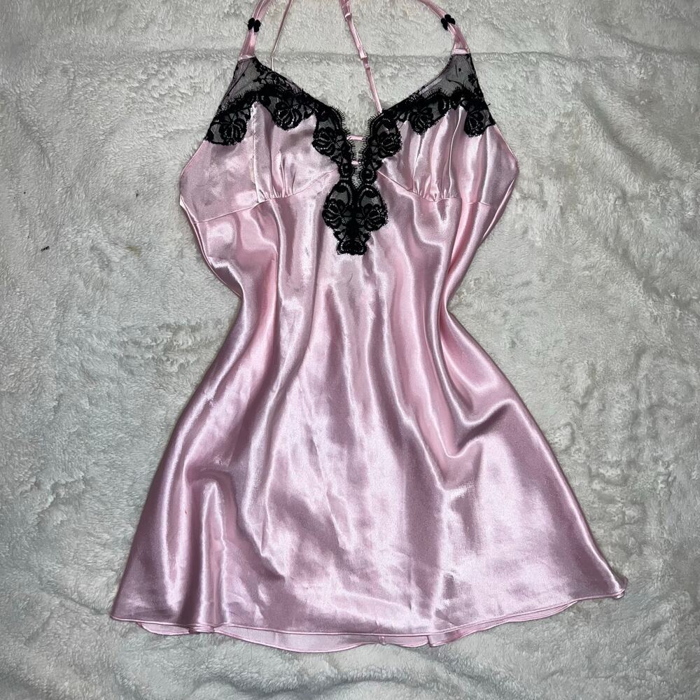 Dainty Pink Black Satin Lace Trim Babydoll Nightgown Slip Size Large